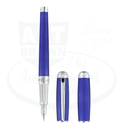 S.T. Dupont Line D 410001L fountain pen in ocean blue brass with palladium trim, featuring Firehead guilloche pattern and 14k gold nib