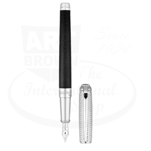 S.T. Dupont Line D 410102M brass fountain pen with black Urushi lacquer body, palladium accents, medium nib, dual-tone design, articulated clip