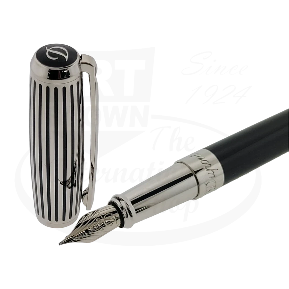 S.T. Dupont Elysee fountain pen with black lacquer, palladium and hand laid palladium stripes on the cap.