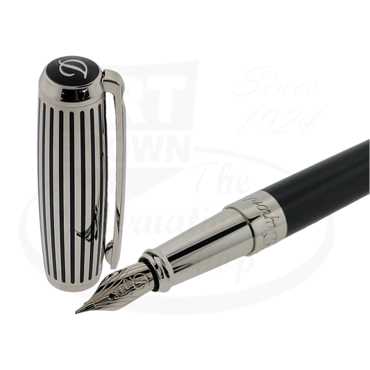 S.T. Dupont Elysee fountain pen with black lacquer, palladium and hand laid palladium stripes on the cap.