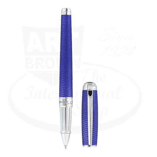 S.T. Dupont Line D 412001L rollerball pen in ocean blue brass with palladium trim, featuring Firehead guilloche pattern under lacquer finish