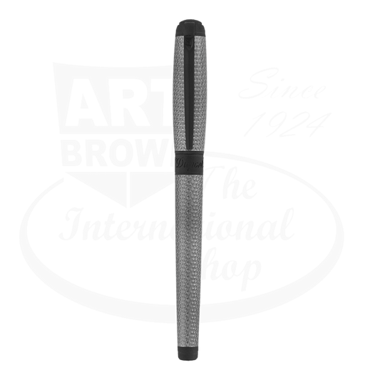 S.T. Dupont Line D 412002L brass rollerball pen in graphite grey with palladium trim, featuring Firehead guilloche pattern under matt lacquer finish