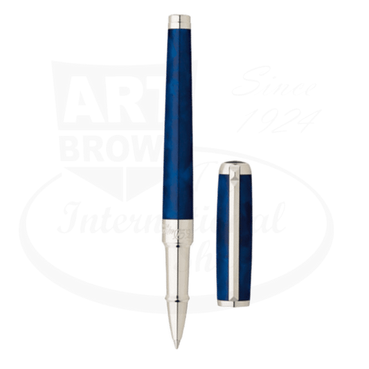 S.T. Dupont Line D Atelier Blue Rollerball Pen 412712 with blue lacquer and palladium finish, medium size handcrafted design.