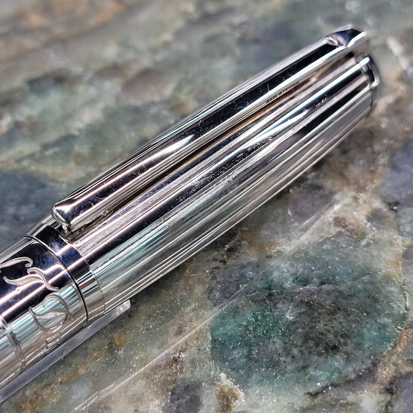 Preowned S.T. Dupont Elysee Goldsmith Palladium Vertical Lines Ballpoint Pen, 415600