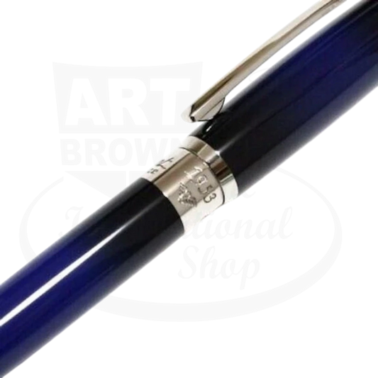 S.T. Dupont Line D Atelier 415714 brass ballpoint pen with blue sunburst lacquer and silver-tone clip close-up