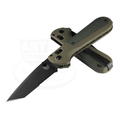 Benchmade Redoubt® Ranger Green/Forest Grivory® Serrated Drop Point folding knife, shown opened and closed