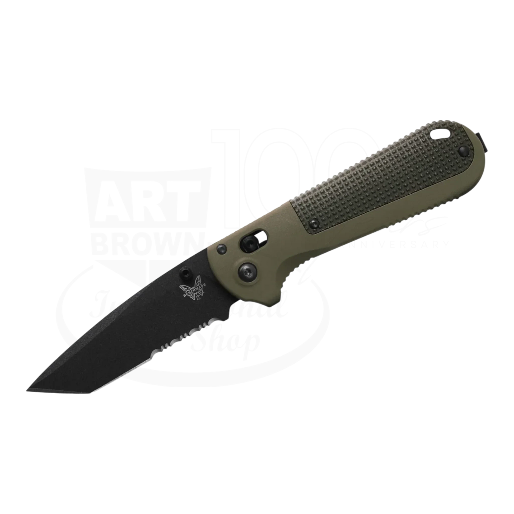 Benchmade Redoubt® Ranger Green/Forest Grivory® Serrated Drop Point knife with black tanto CPM-D2 Tool Steel blade and textured handle 