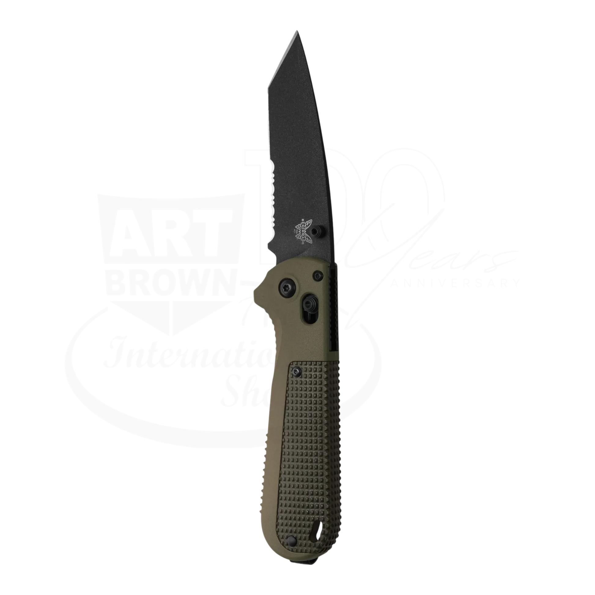 Benchmade Redoubt® Ranger Green/Forest Grivory® Serrated Drop Point folding knife with textured green handle and black CPM-D2 Tool Steel blade, upright