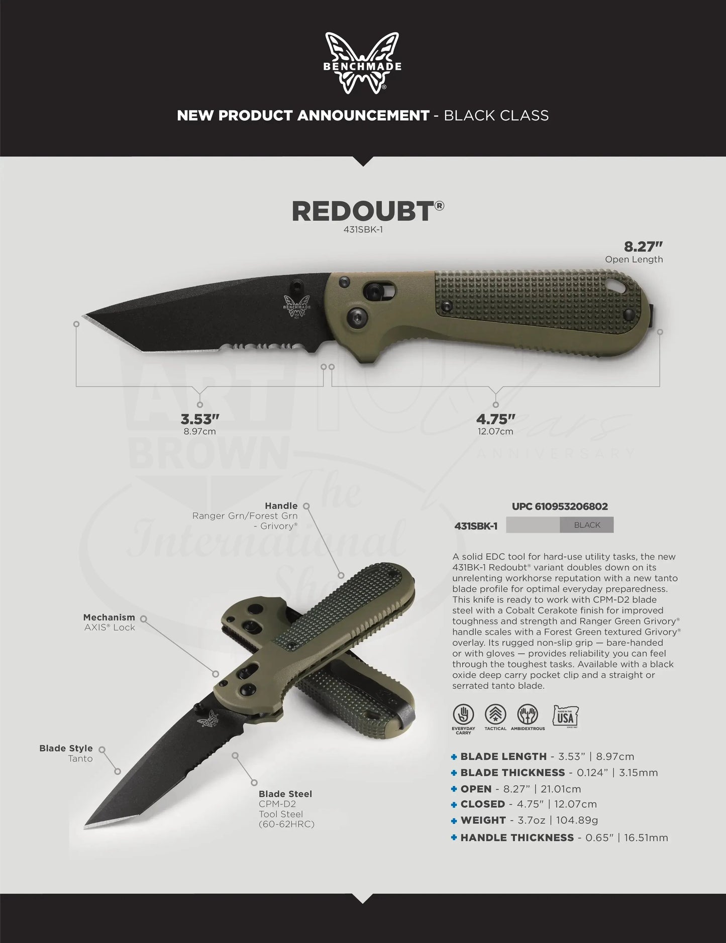 Benchmade Redoubt Ranger Green/Forest Grivory Serrated Drop Point knife with textured green handle and black tanto blade, product information sheet