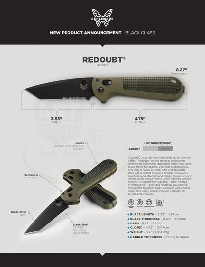 Benchmade Redoubt Ranger Green/Forest Grivory Serrated Drop Point knife with textured green handle and black tanto blade, product information sheet
