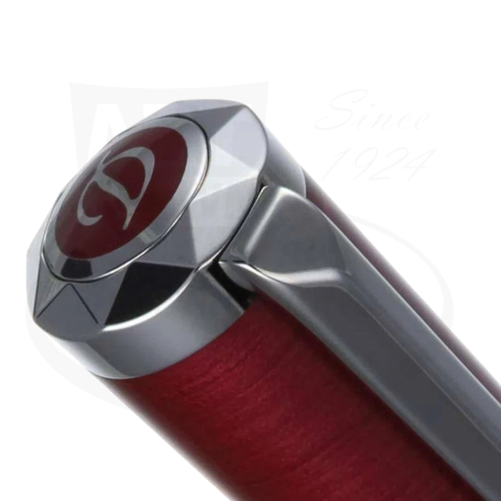 S.T. Dupont Liberte 462021 brass rollerball pen with red shantung lacquer and palladium trim close-up of cap clip