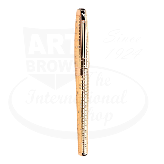 S.T. Dupont Olympio 481011M rose gold fountain pen with diamond drops pattern, featuring textured metallic barrel and rhodium-plated trim