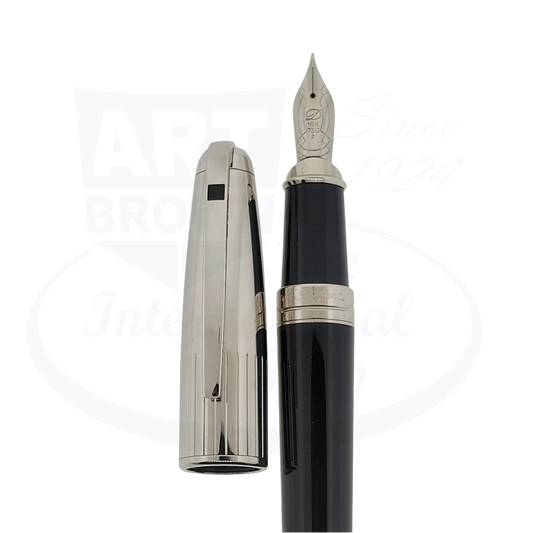 Open view of the S.T. Dupont Extra Large Olympio Fountain Pen with the cap off, displaying the black lacquer barrel and rhodium-plated nib