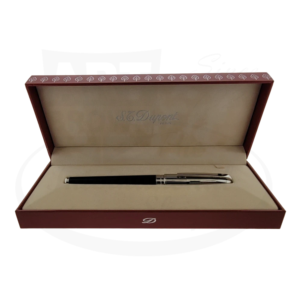 Luxurious S.T. Dupont Extra Large Olympio Fountain Pen resting inside its premium presentation box with a red and cream interior.