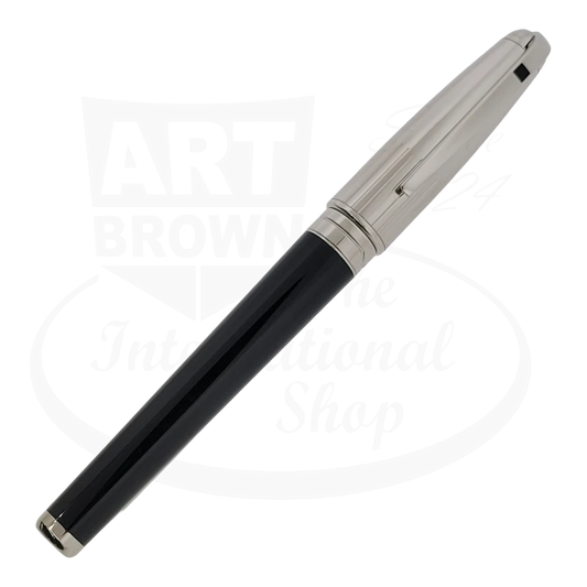 A full-length profile view of the S.T. Dupont Extra Large Olympio Black Lacquer & Palladium Lines Fountain Pen