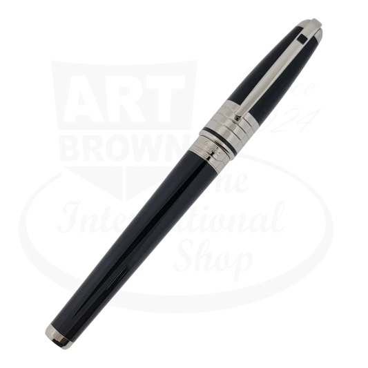 S.T. Dupont Extra Large Olympio Fountain Pen, fully assembled and presented in profile, highlighting its sleek black lacquer body and palladium accents.