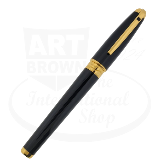 Angled view of the S.T. Dupont Olympio Extra Large Fountain Pen, highlighting the sleek black finish and gold clip.