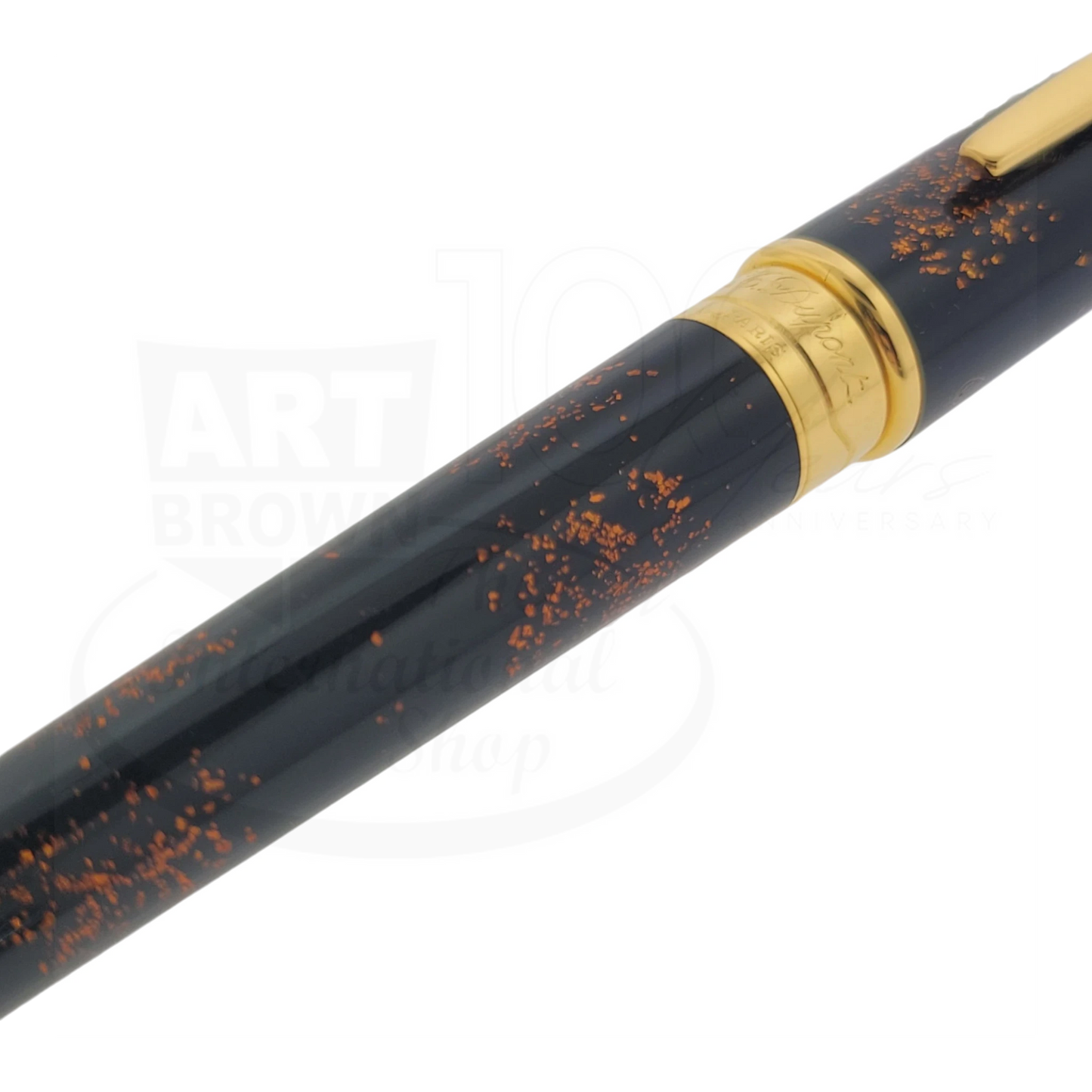 S.T. Dupont Olympio 482590 rollerball pen with deep black resin and gold dust finish, polished gold trim close-up