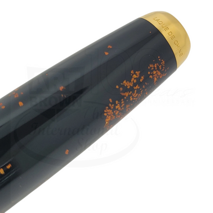 S.T. Dupont Olympio 482590 rollerball pen with black lacquer and gold dust speckled finish, gold cap trim close-up