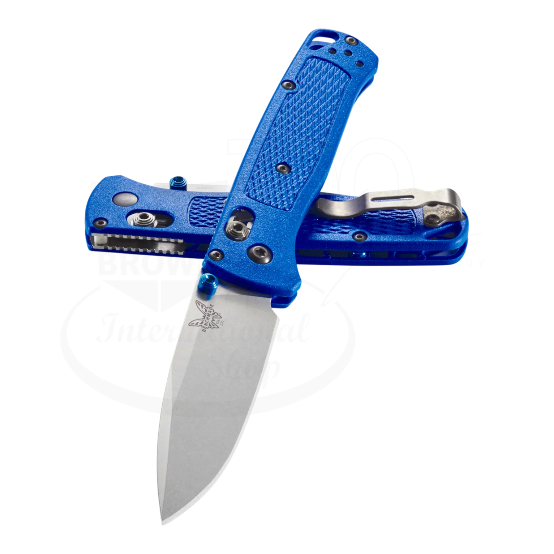 Benchmade Bugout® Blue Grivory® Drop-point lightweight folding knife with blue textured handle and drop-point steel blade