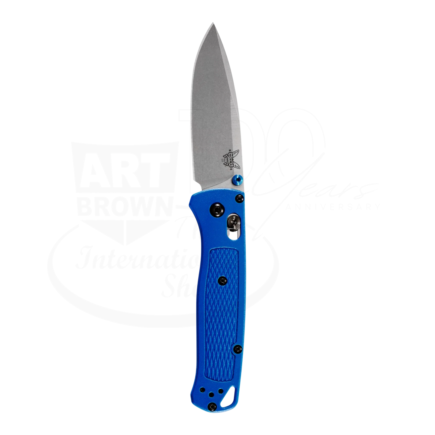 Benchmade Bugout® Blue Grivory® Drop-point knife with blue textured handle and slim lightweight ergonomic design