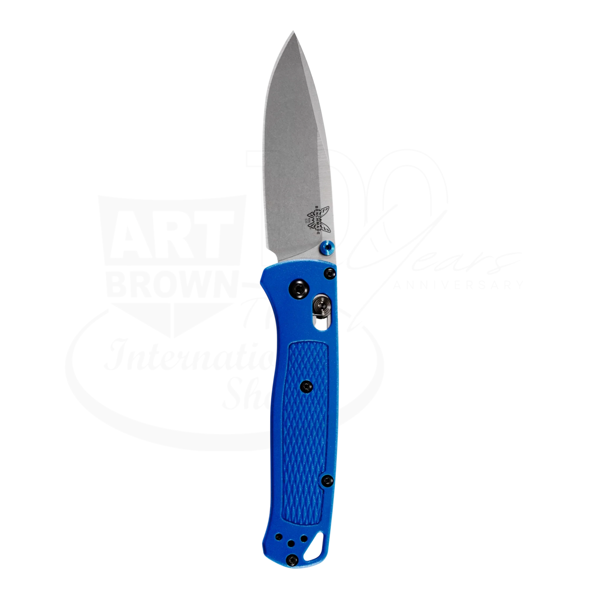Benchmade Bugout® Blue Grivory® Drop-point knife with blue textured handle and slim lightweight ergonomic design