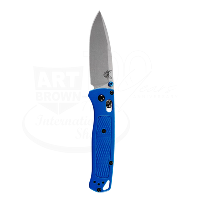 Benchmade Bugout® Blue Grivory® Drop-point knife with blue textured handle and slim lightweight ergonomic design