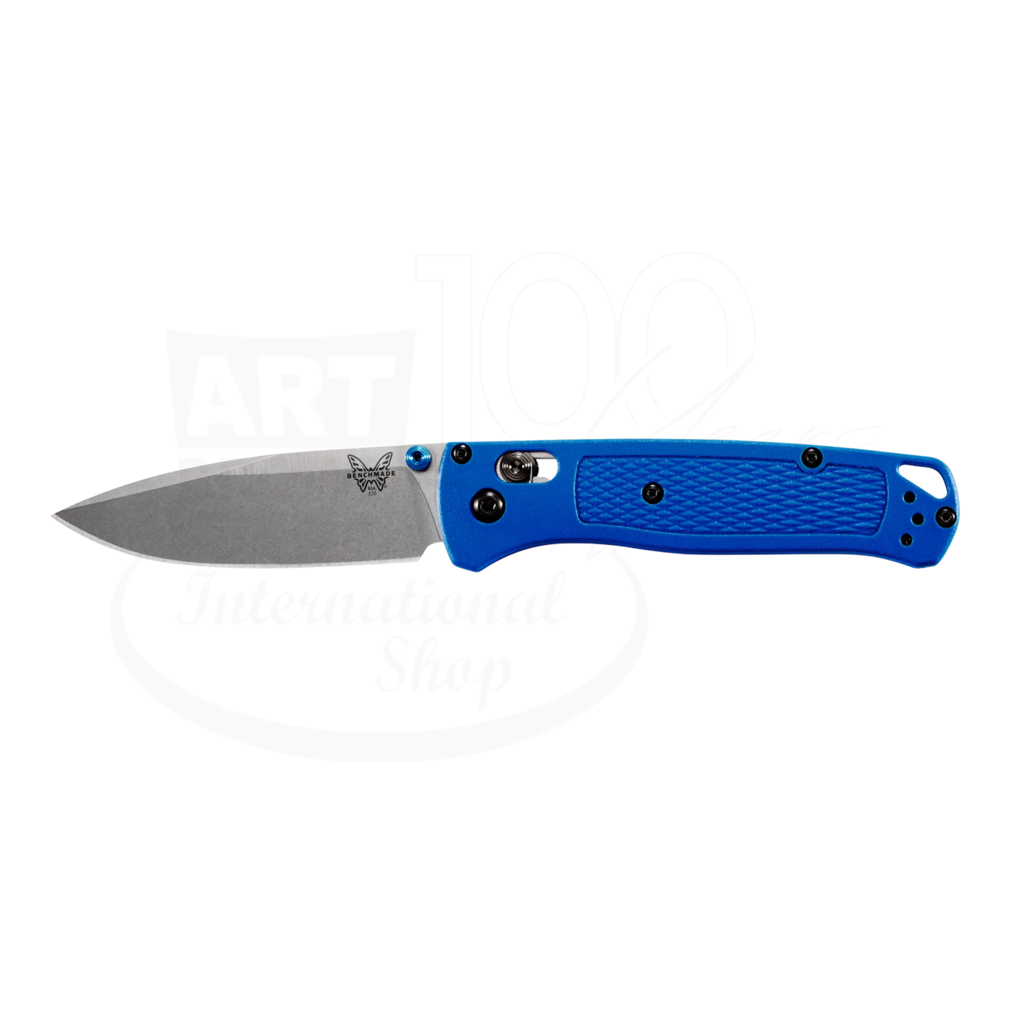 Benchmade Bugout® Blue Grivory® Drop-point with blue grivory handle and stonewashed drop-point blade design