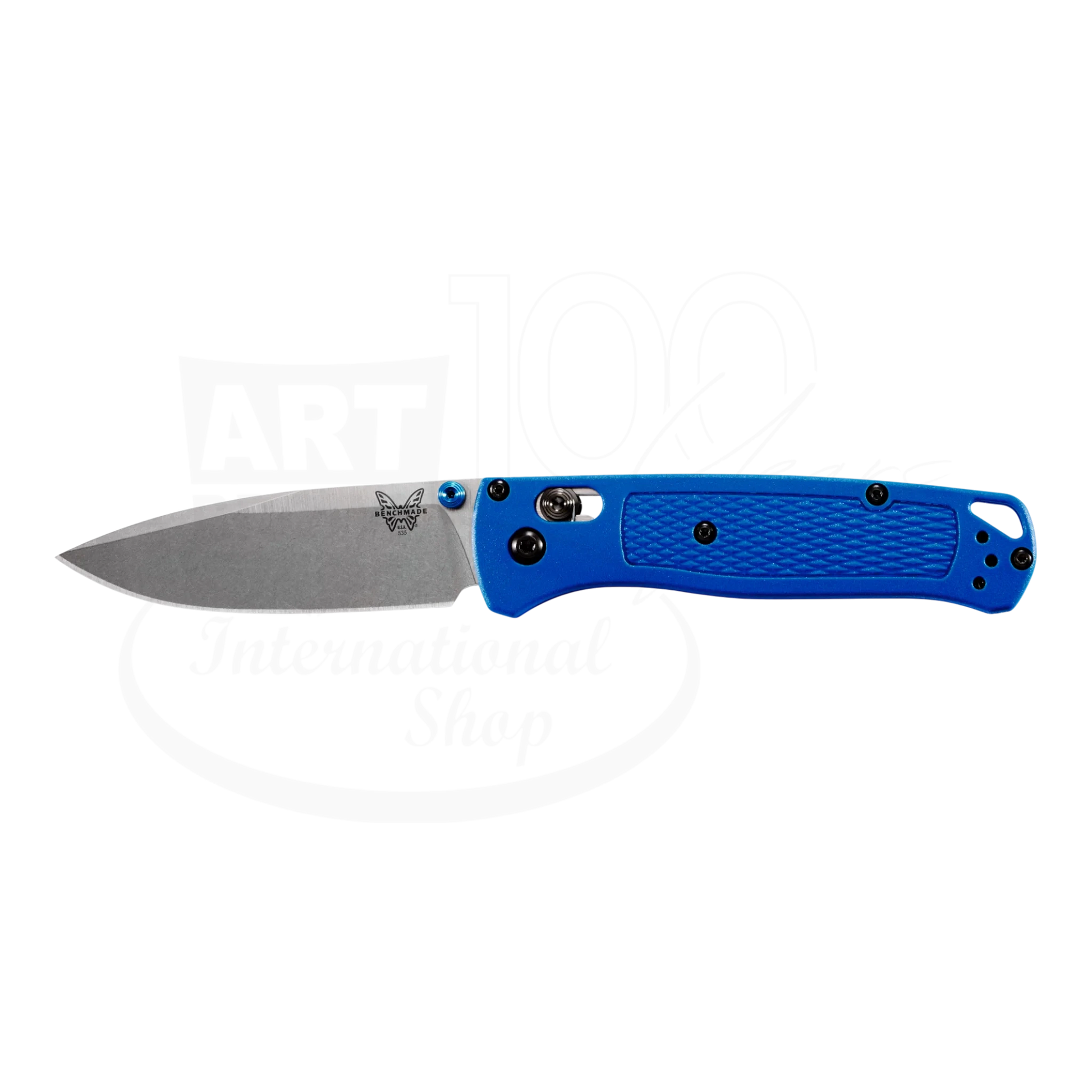 Benchmade Bugout® Blue Grivory® Drop-point with blue grivory handle and stonewashed drop-point blade design