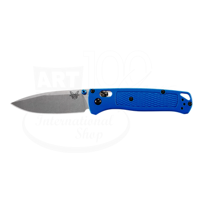 Benchmade Bugout® Blue Grivory® Drop-point with blue grivory handle and stonewashed drop-point blade design