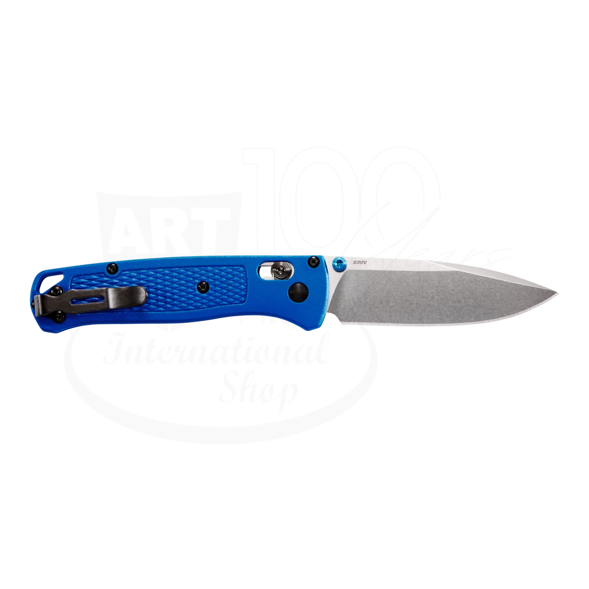 Benchmade Bugout® Blue Grivory® Drop-point with slim blue grivory handle and stainless steel drop-point blade