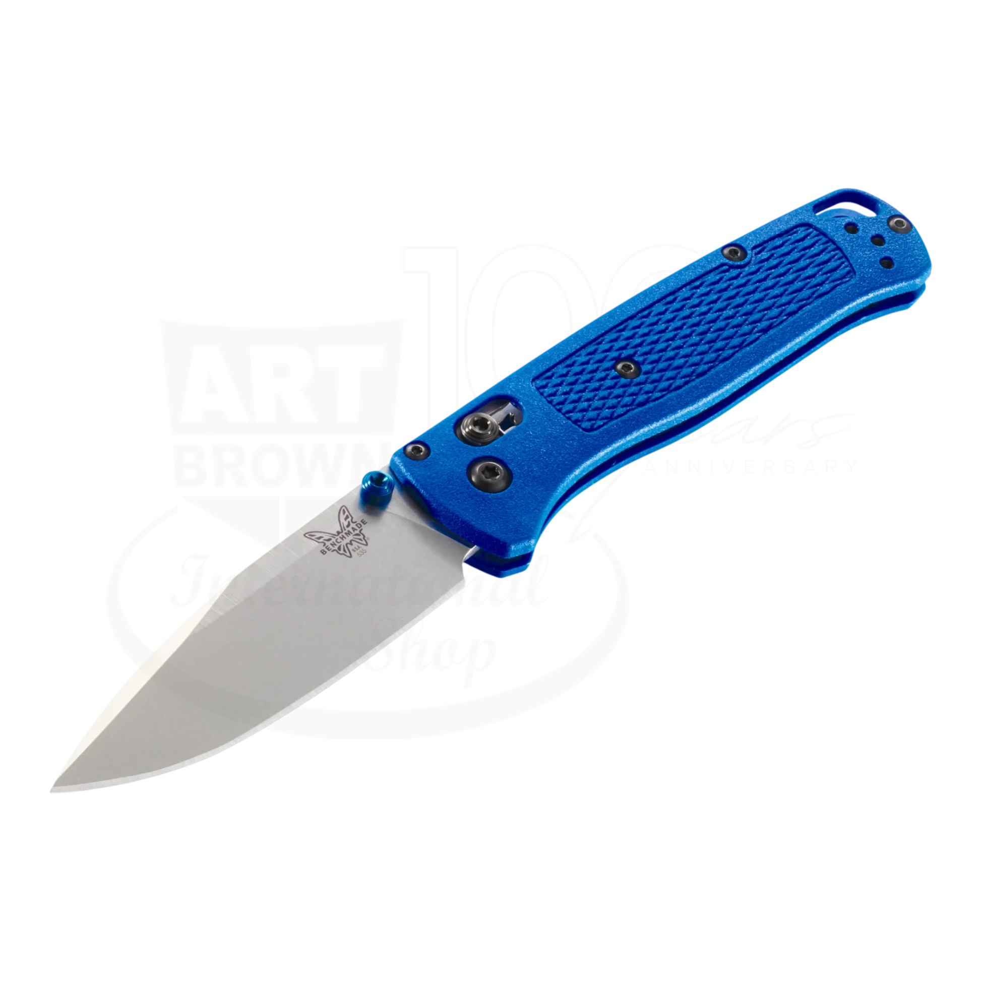 Benchmade Bugout® Blue Grivory® Drop-point lightweight folding knife with textured blue handle and sharp stainless steel blade