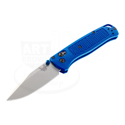Benchmade Bugout® Blue Grivory® Drop-point lightweight folding knife with textured blue handle and sharp stainless steel blade
