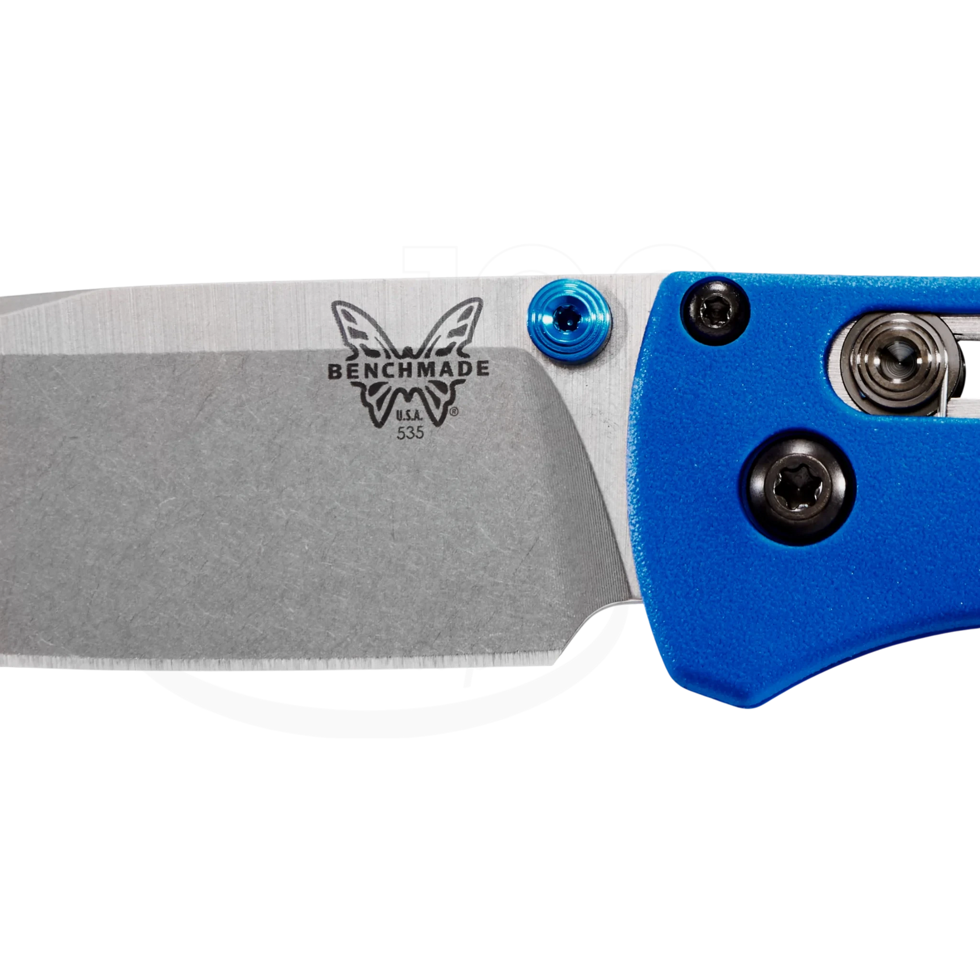 Benchmade Bugout® Blue Grivory® Drop-point folding knife with satin blade and ergonomic blue handle close-up view