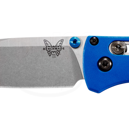 Benchmade Bugout® Blue Grivory® Drop-point folding knife with satin blade and ergonomic blue handle close-up view