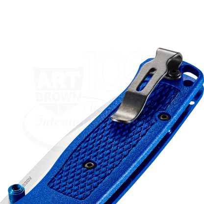 Benchmade Bugout® Blue Grivory® Drop-point slim lightweight knife with textured blue handle and metal pocket clip