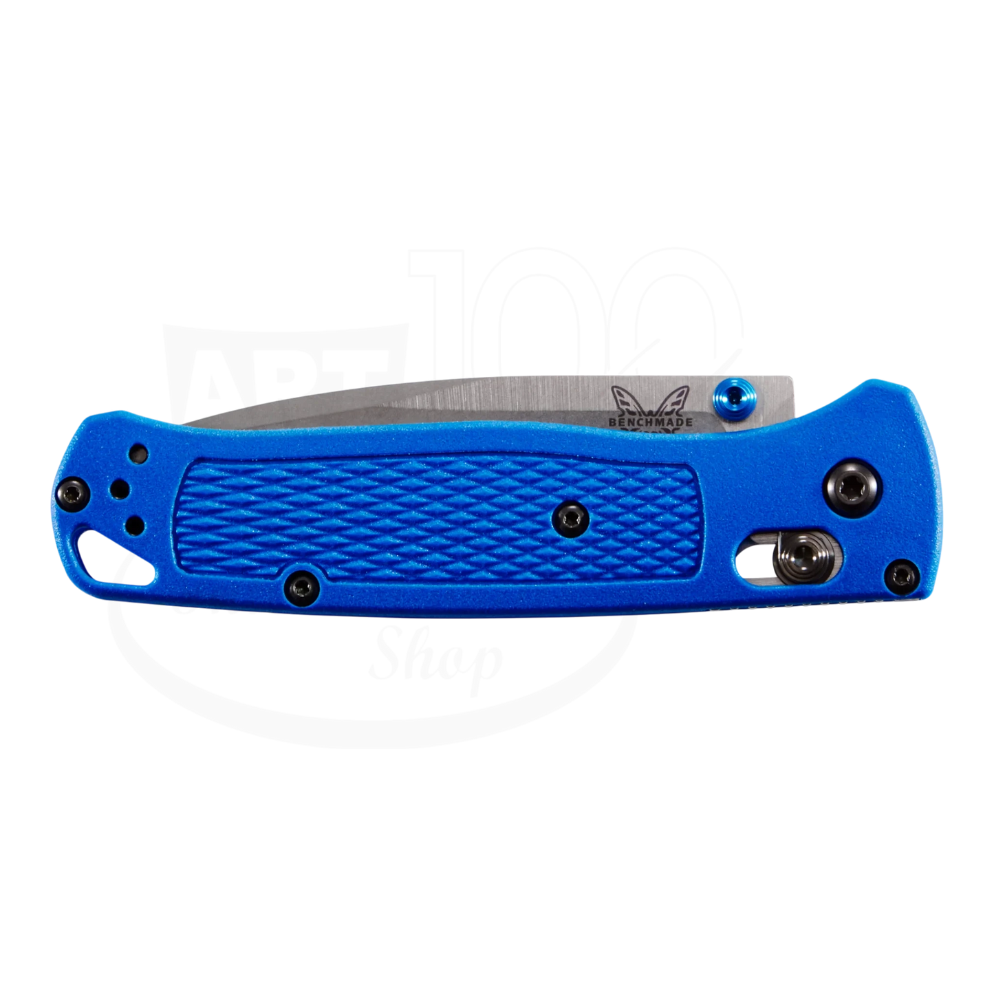 Benchmade Bugout® Blue Grivory® Drop-point slim folding knife with textured bright blue handle and stainless steel blade