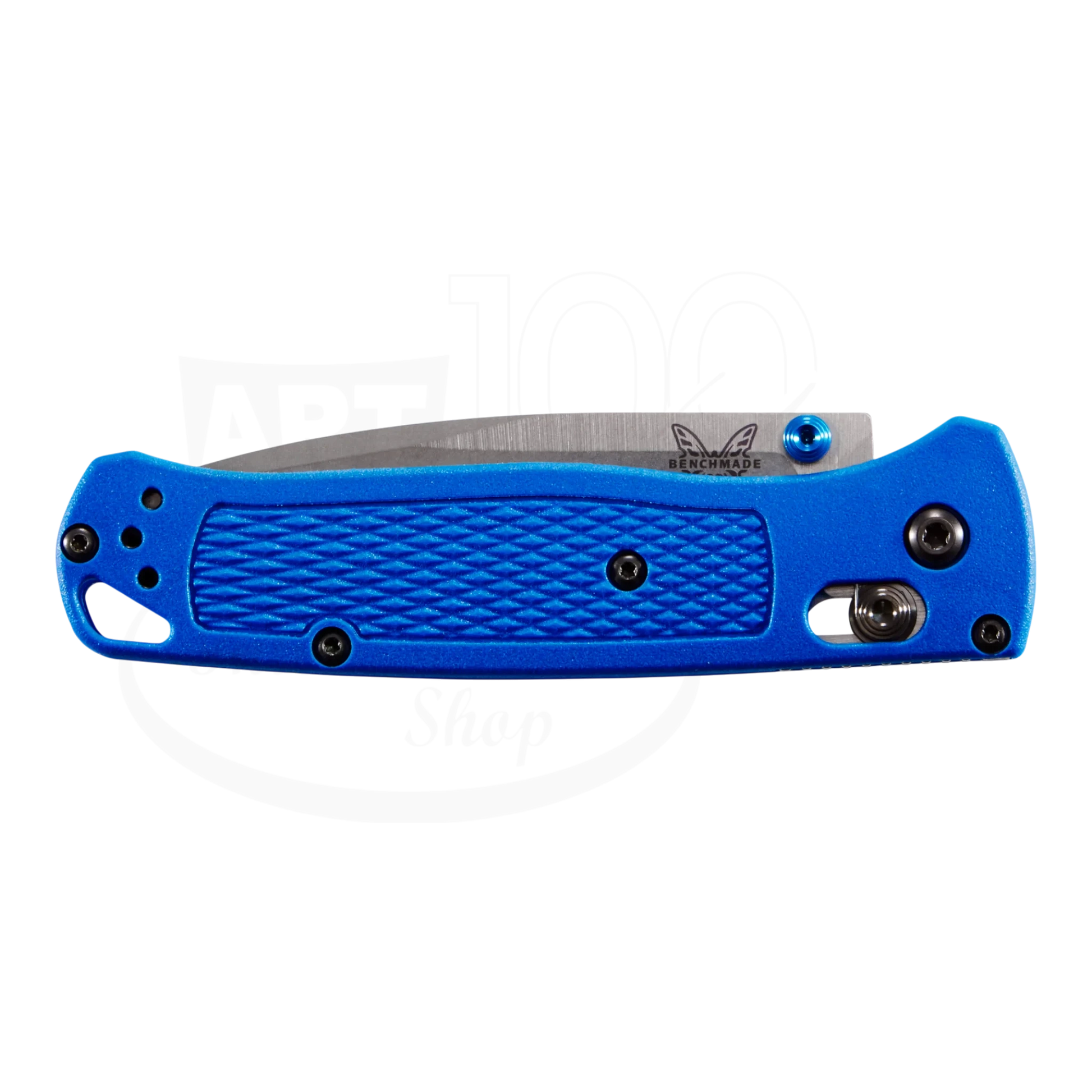 Benchmade Bugout® Blue Grivory® Drop-point slim folding knife with textured bright blue handle and stainless steel blade