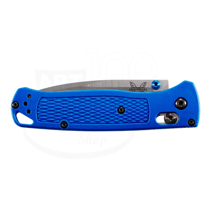 Benchmade Bugout® Blue Grivory® Drop-point slim folding knife with textured bright blue handle and stainless steel blade