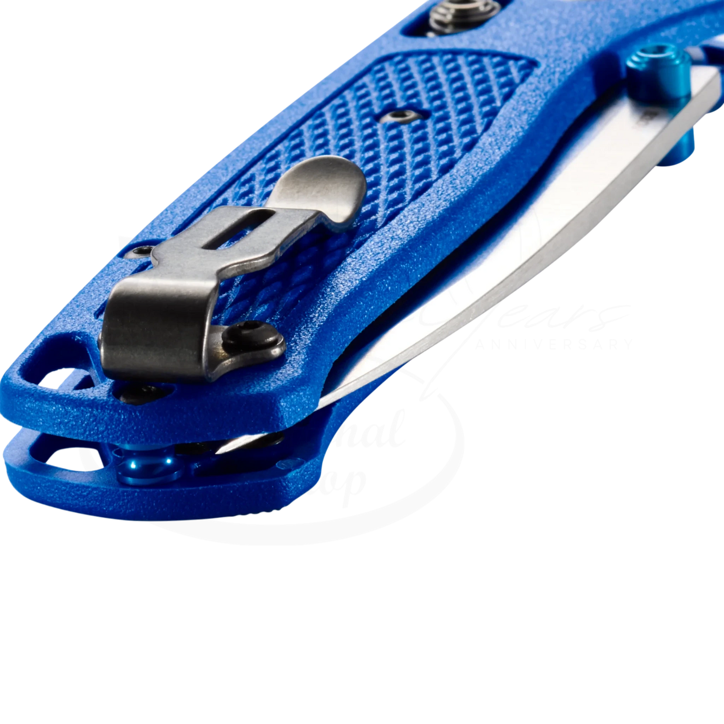 Benchmade Bugout® Blue Grivory® Drop-point folding knife with blue textured handle and stainless steel clip close-up view