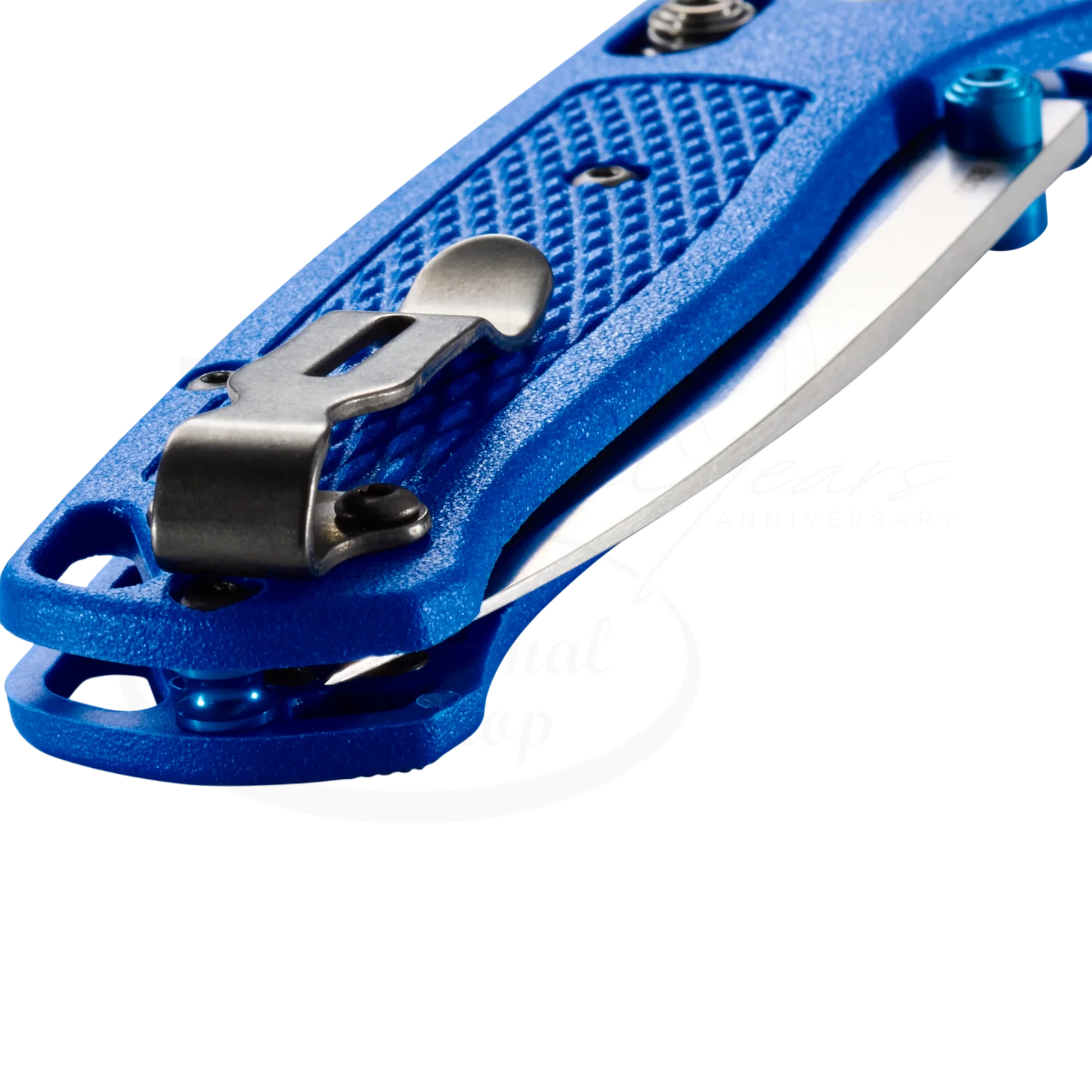 Benchmade Bugout® Blue Grivory® Drop-point folding knife with blue textured handle and stainless steel clip close-up view