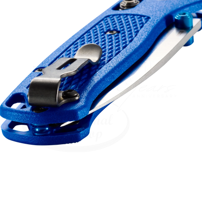 Benchmade Bugout® Blue Grivory® Drop-point folding knife with blue textured handle and stainless steel clip close-up view