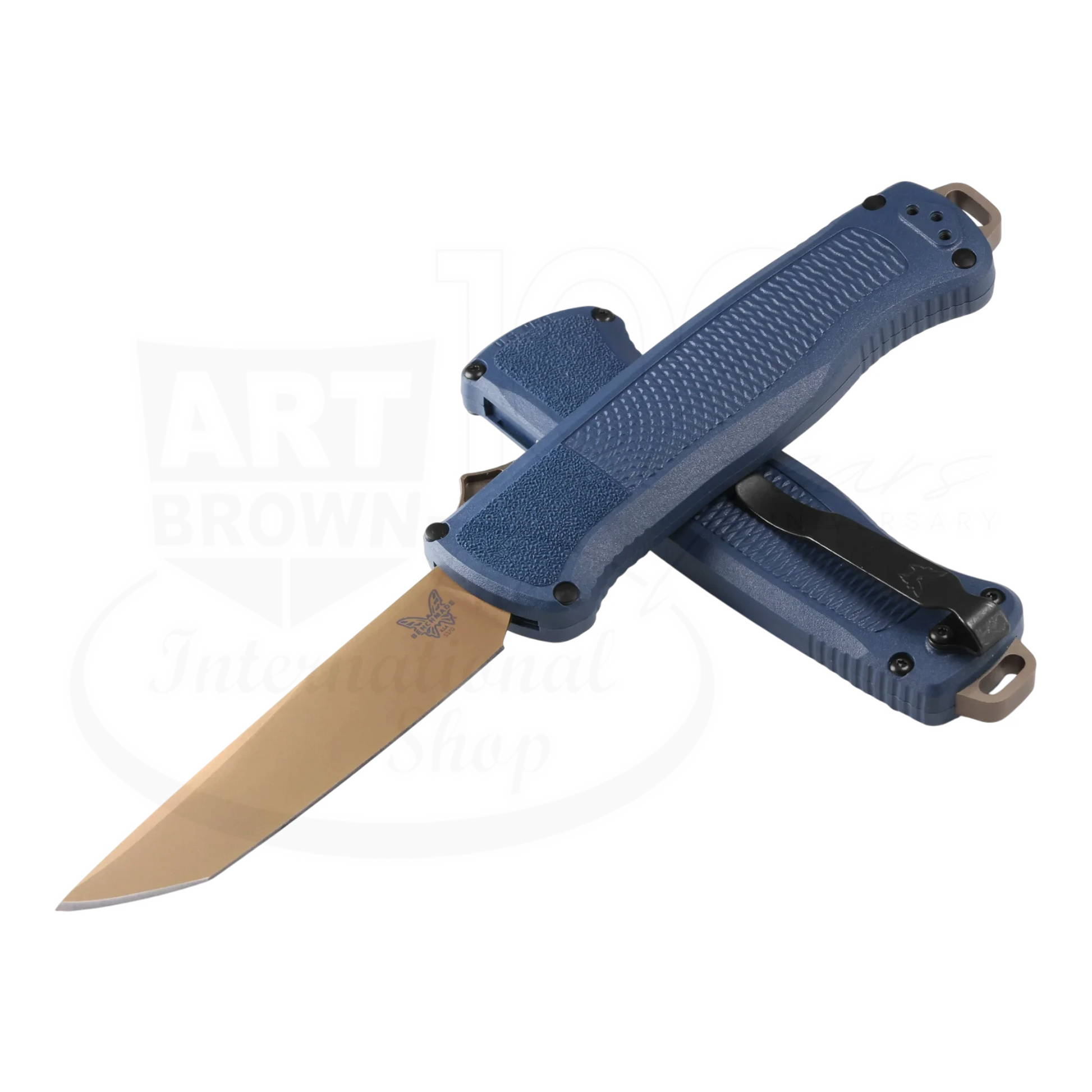 Benchmade Shootout® Crater Blue Grivory® Tanto Auto knife open and closed, with blue textured handle and black pocket clip