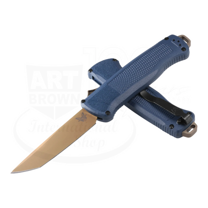 Benchmade Shootout® Crater Blue Grivory® Tanto Auto knife open and closed, with blue textured handle and black pocket clip