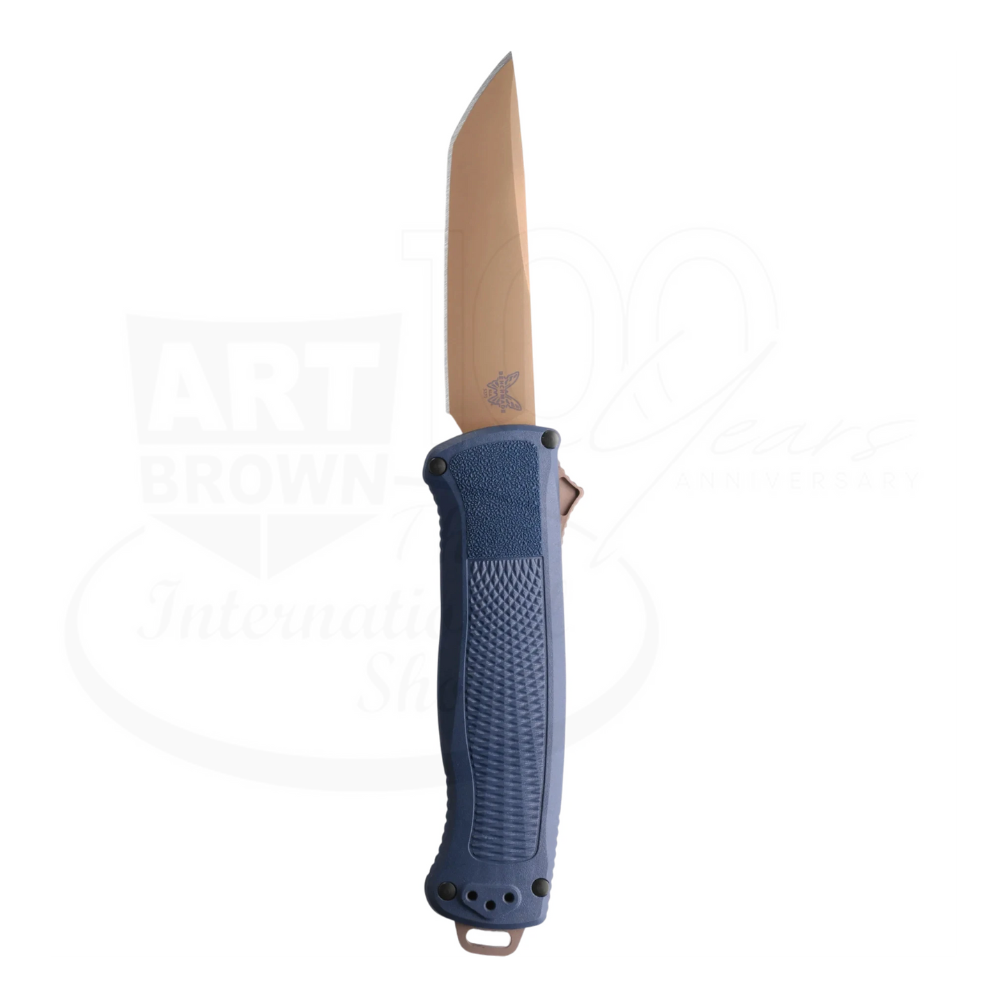 Benchmade Shootout® Crater Blue Grivory® Tanto Auto knife with blue textured handle and bronze blade side profile view