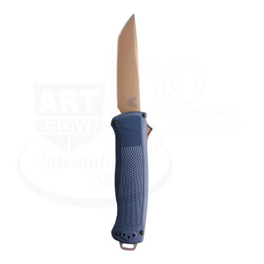 Benchmade Shootout® Crater Blue Grivory® Tanto Auto knife with blue textured handle and bronze blade side profile view