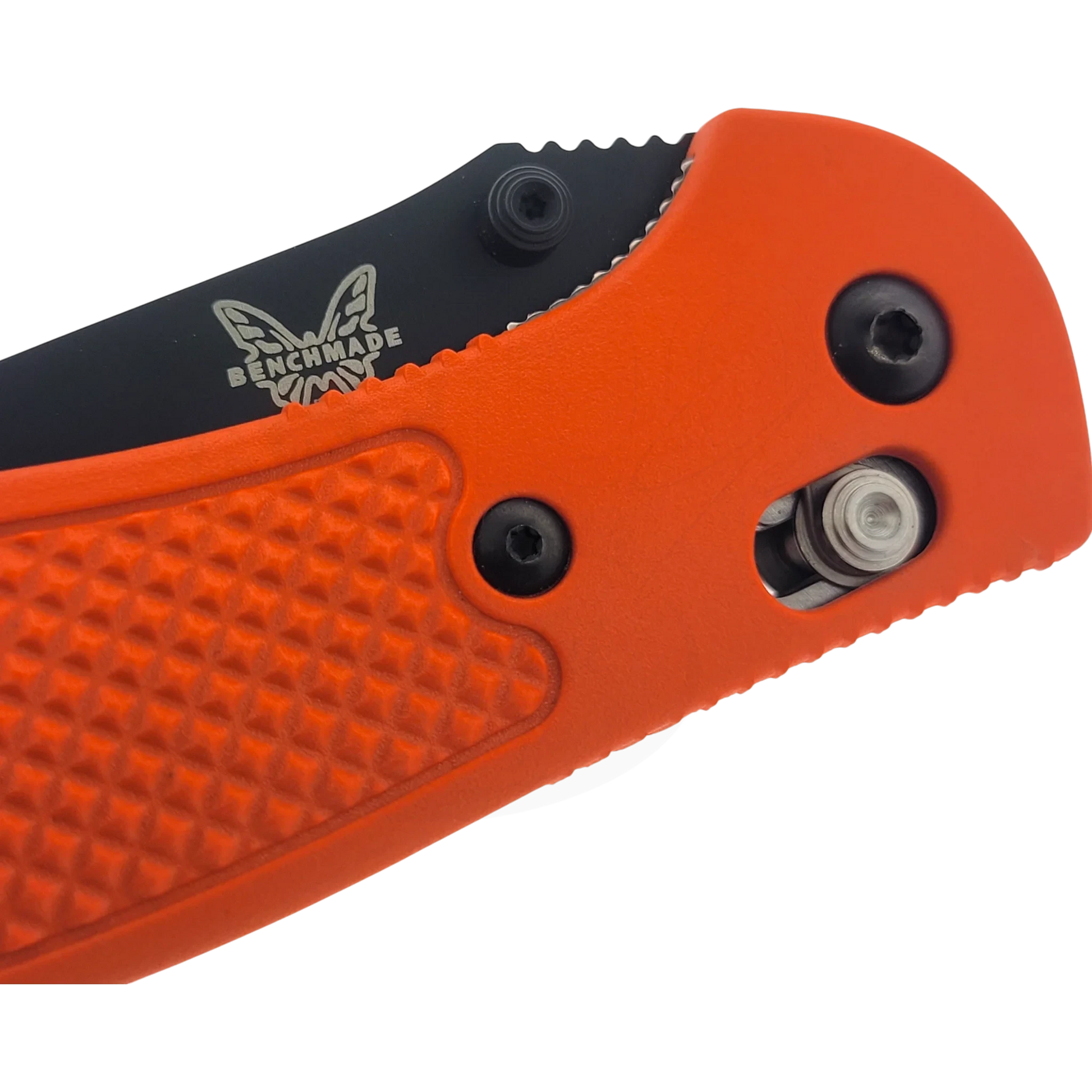 Benchmade Griptilian® Grivory® Drop-point folding knife with textured orange handle and black coated blade close-up view