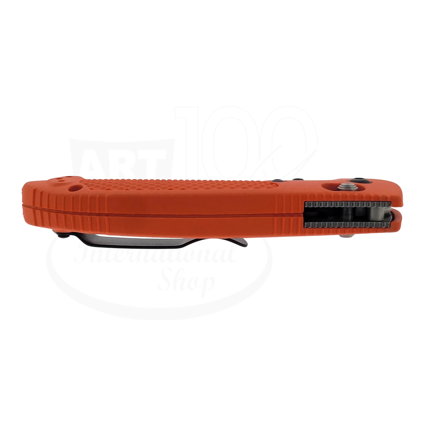 Benchmade Griptilian® Grivory® Drop-point folding knife with orange textured handle and visible locking mechanism side view
