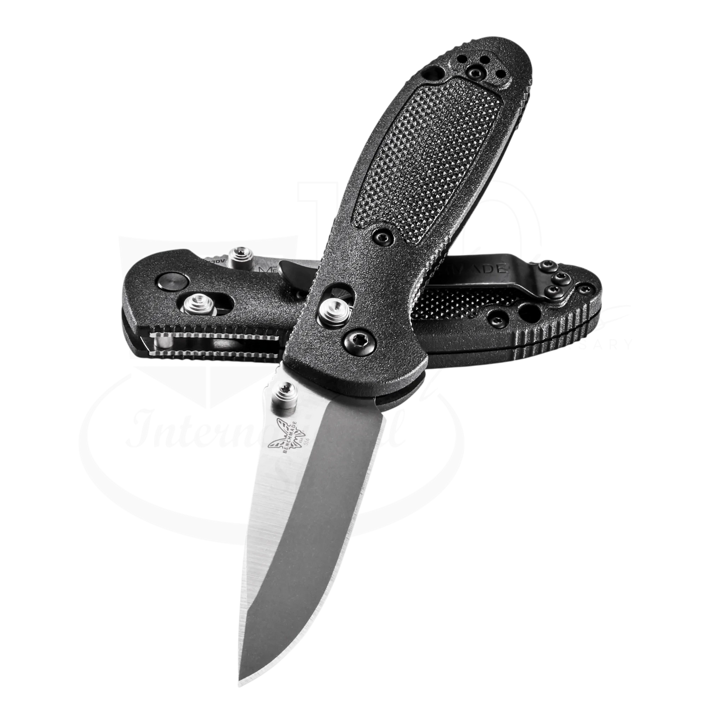 Benchmade Mini Griptilian® Grivory® Drop-point knife with black textured handles and two knives crossed, gallery 10 square view