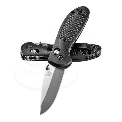 Benchmade Mini Griptilian® Grivory® Drop-point knife with black textured handles and two knives crossed, gallery 10 square view